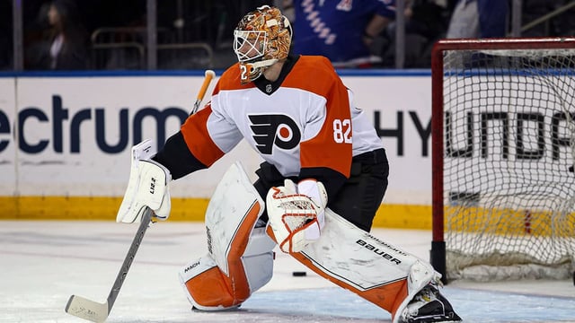 Apr 11, 2024; New York, New York, USA; Philadelphia Flyers goalie Ivan Fedotov (82) warms up before the first period against the New York Rangers at Madison Square Garden. Mandatory Credit: Danny Wild-USA TODAY Sports