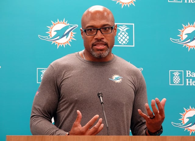 Miami Dolphins defensive coordinator Anthony Weaver speaks to the media, Thursday, Oct. 31, 2024, at the Baptist Health Training Center in Miami Gardens. (Joe Cavaretta/South Florida Sun Sentinel)