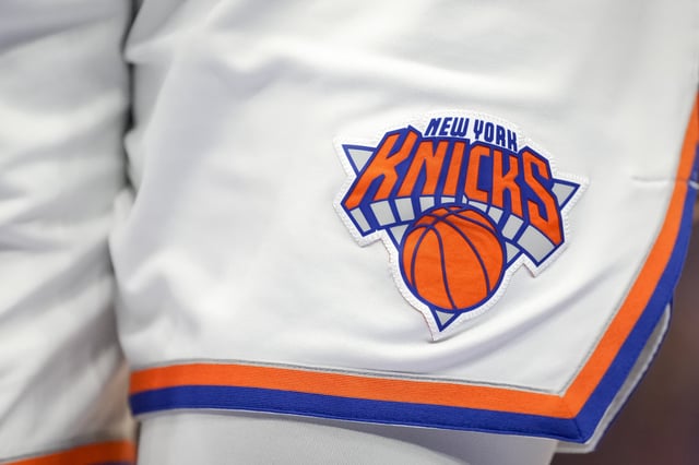 A detail is pictured of the New York Knicks uniform and New York Knicks logo during the fourth quarter against the Detroit Pistons at Little Caesars Arena on March 27, 2022 in Detroit, Michigan.