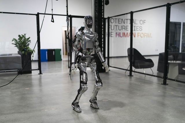 The humanoid robot Figure 01 is demonstrated at Figure AI's test facility in Sunnyvale, Calif., in 2023. 