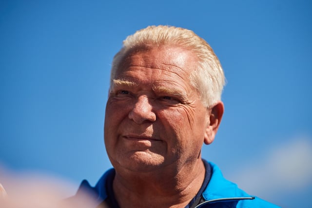 Ontario Premier Doug Ford speaks to media at the 2025 International Plowing Match in Grassie, Ont., on Tuesday, Sept. 16, 2025. 