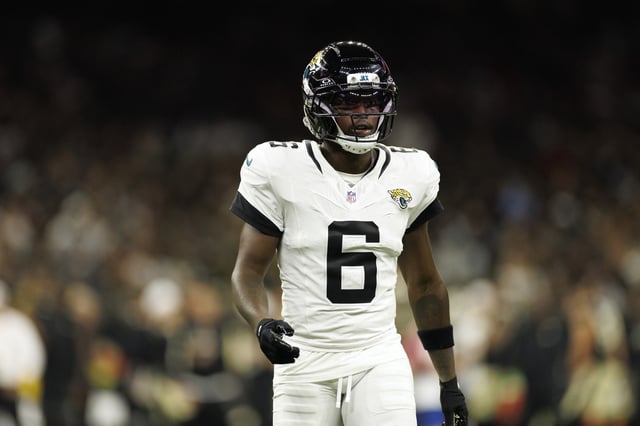 Darnell Savage #6 of the Jacksonville Jaguars in coverage during an NFL Preseason 2025 game against the New Orleans Saints at Caesars Superdome on August 17, 2025 in New Orleans, Louisiana.