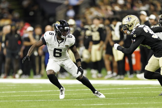 NEW ORLEANS, LOUISIANA - AUGUST 17: Darnell Savage #6 of the Jacksonville Jaguars in coverage during an NFL Preseason 2025 game against the New Orleans Saints at Caesars Superdome on August 17, 2025 in New Orleans, Louisiana.
