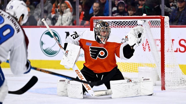 Jan 20, 2024; Philadelphia, Pennsylvania, USA; Philadelphia Flyers goalie Carter Hart (79) makes a save against the Colorado Avalanche in the first period at Wells Fargo Center. Mandatory Credit: Kyle Ross-Imagn Images