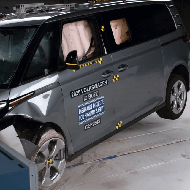 An electric vehicle is crashed in an Insurance Institute for Highway Safety test lab for a report released Tuesday, Sept. 16, 2025. The Volkswagen ID. Buzz, seen here, earned a "good" rating for the moderate overlap crash test. (IIHS)