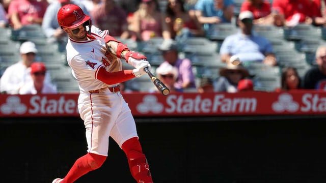 Sep 10, 2025; Anaheim, California, USA; Los Angeles Angels shortstop Zach Neto (9) hits a two-run home run during the third inning against the Minnesota Twins at Angel Stadium. Mandatory Credit: Kiyoshi Mio-Imagn Images