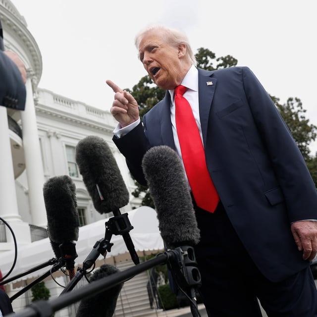 WASHINGTON, DC - SEPTEMBER 16: U.S. President Donald Trump speaks to members of the media as he departs the White House en route to London on September 16, 2025 in Washington, DC. President Trump and the first lady are traveling to the United Kingdom where they are expected to meet with King Charles III and Queen Camilla at Windsor Castle and British Prime Minister Keir Starmer.