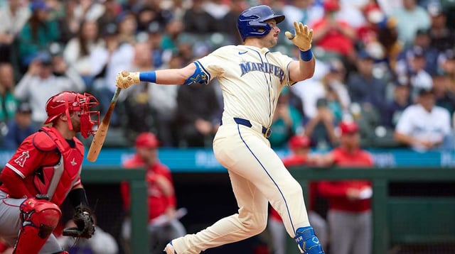 Sep 14, 2025; Seattle, Washington, USA; Seattle Mariners catcher Cal Raleigh (29) hits a two-run home run in the inning against the Los Angeles Angels in the first inning at T-Mobile Park. Mandatory Credit: John Froschauer-Imagn Images