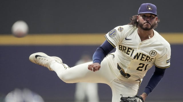 Milwaukee Brewers pitcher Freddy Peralta throws during the first inning of their game against the Los Angeles Angels Tuesday, September 16, 2025 at American Family Field in Milwaukee, Wisconsin.