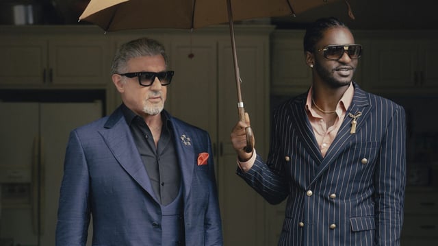 Sylvester Stallone as Dwight Manfredi and Jay Will as Tyson in the Paramount+ original series Tulsa King