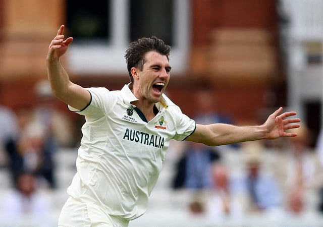 Cricket - 2025 ICC World Test Championship Final - South Africa v Australia - Lord's Cricket Ground, London, Britain - June 12, 2025 Australia's Pat Cummins celebrates after taking the wicket of South Africa's Temba Bavuma, caught out by Marnus Labuschagne Action Images via Reuters/Andrew Boyers/File Photo