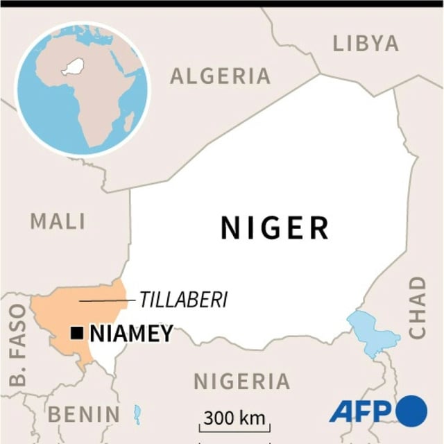 Map of Niger locating the restive Tillaberi region, plagued by insurgents linked with Al-Qaeda and the Islamic State group.