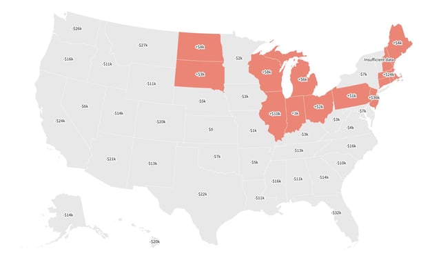 A map showing equity gains and losses, year-over-year, in the second quarter of 2025, by state. Based on a report by Cotality.