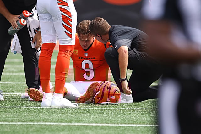 Quarterback Joe Burrow #9 of the Cincinnati Bengals is injured on a play in the second quarter of a game between the Jacksonville Jaguars and the Cincinnati Bengals, at Kroger Field in Lexington, Ky., on Sept. 14, 2025.