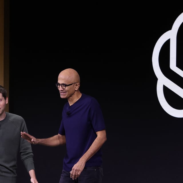 Microsoft CEO Satya Nadella (R) greets OpenAI CEO Sam Altman during the OpenAI DevDay event on November 06, 2023 in San Francisco, California.