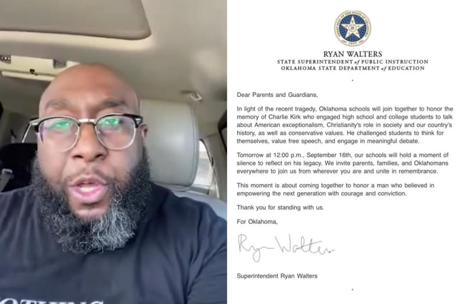 Marshall Wayne Thomas, left, speaking to Newsweek about his views on the Kirk silence in schools. A picture of the memo sent by Superintendent Ryan Walters, right.