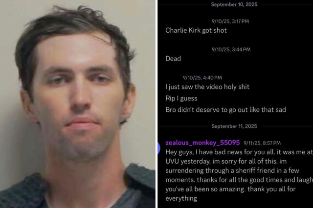 L: Tyler Robinson, the man accused of killing the right-wing activist Charlie Kirk. Photo released by the Utah Governor's Office on September 12, 2025. R: Discord messages published by Ken Klippenstein.