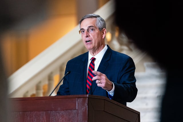 Georgia Secretary of State Brad Raffensperger speaks at a press conference at the Georgia State Capitol on November 11, 2022 in Atlanta, Georgia.