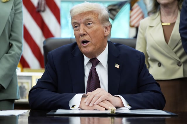 President Donald Trump speaks in the Oval Office of the White House, Monday, Sept. 15, 2025, in Washington.