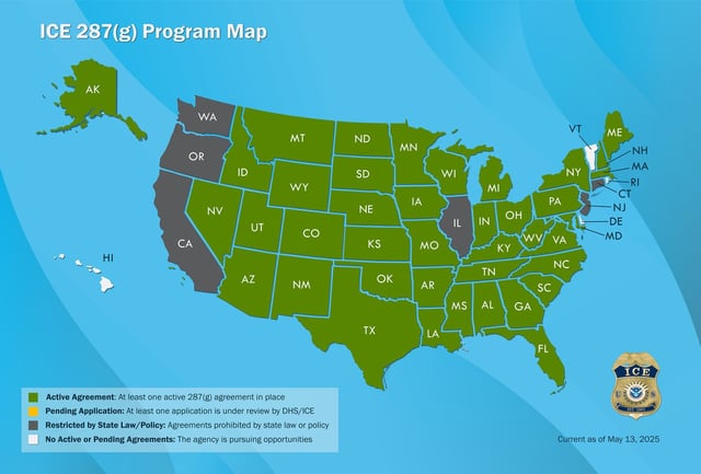 ICE 287(g) program map shows active agreements across the United States, including Maryland counties and new participation from Salisbury and Wicomico County. (Courtesy U.S. Immigration and Customs Enforcement / ICE.gov)