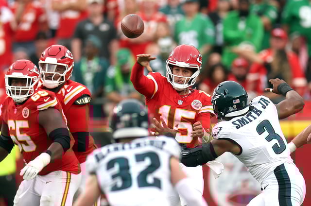 KANSAS CITY, MISSOURI - SEPTEMBER 14: Quarterback Patrick Mahomes #15 of the Kansas City Chiefs passes during the game against the Philadelphia Eagles at Arrowhead Stadium on September 14, 2025 in Kansas City, Missouri. (Photo by Jamie Squire/Getty Images)