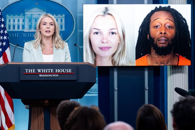 White House Press Secretary Karoline Leavitt speaks alongside a photo of Ukrainian refugee Iryna Zarutska and Decarlos Brown Jr. (R) the suspect in her murder on a light rail train in Charlotte, North Carolina, in the White House in Washington, DC, September 9, 2025.