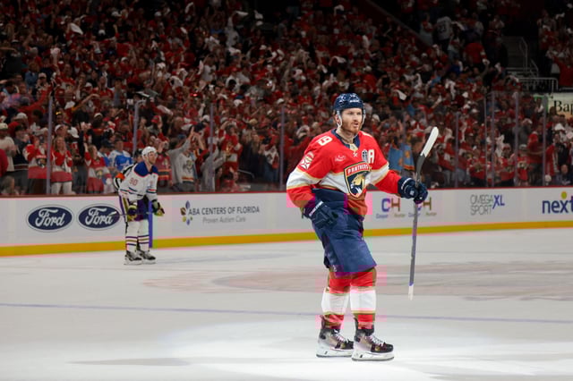 Jun 17, 2025; Sunrise, Florida, USA; Florida Panthers left wing Matthew Tkachuk (19) celebrates after his goal against the Edmonton Oilers during the first period in game six of the 2025 Stanley Cup Final at Amerant Bank Arena. Mandatory Credit: Sam Navarro-Imagn Images/ File Photo