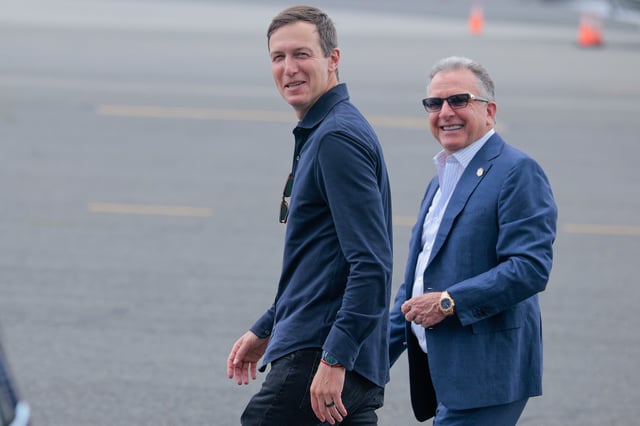 Businessman and former Senior Advisor to the President Donald Trump Jared Kushner (L) and U.S. Special Envoy to the Middle East Steve Witkoff chat on the tarmac on July 13, 2025 in Teterboro, New Jersey.