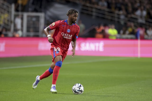 Ibrahim Mbaye of PSG during the Ligue 1 McDonald's football match between FC Nantes and Paris Saint-Germain (PSG) at Stade de la Beaujoire on August 17, 2025 in Nantes, France.