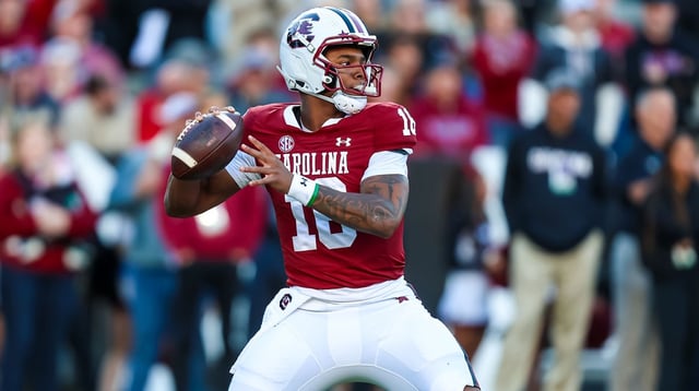 Nov 23, 2024; Columbia, South Carolina, USA; South Carolina Gamecocks quarterback LaNorris Sellers (16) throws a pass against the Wofford Terriers in the first quarter at Williams-Brice Stadium. Mandatory Credit: Jeff Blake-Imagn Images