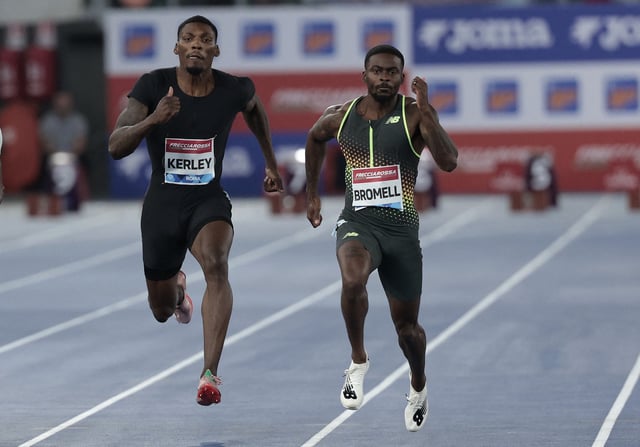 Athletics - Diamond League - Rome - Stadio Olimpico, Rome, Italy - June 6, 2025 Trayvon Bromell of the U.S. and Fred Kerley of the U.S. in action during the men's 100m final REUTERS/Remo Casilli/File Photo