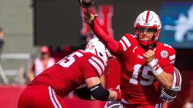 Sep 13, 2025; Lincoln, Nebraska, USA; Nebraska Cornhuskers quarterback Dylan Raiola (15) passes against the Houston Christian Huskies during the first quarter at Memorial Stadium. Mandatory Credit: Dylan Widger-Imagn Images