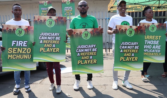 MK party members picket outside the Madlanga Commission of Inquiry in Pretoria on 17 September 2025. (Photo: Felix Dlangamandla)
