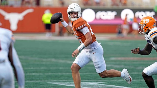 Sep 13, 2025; Austin, Texas, USA; Texas Longhorns quarterback Arch Manning (16) looks to the pass the ball during the second half against the Texas El Paso Miners at Darrell K Royal-Texas Memorial Stadium. Mandatory Credit: Scott Wachter-Imagn Images