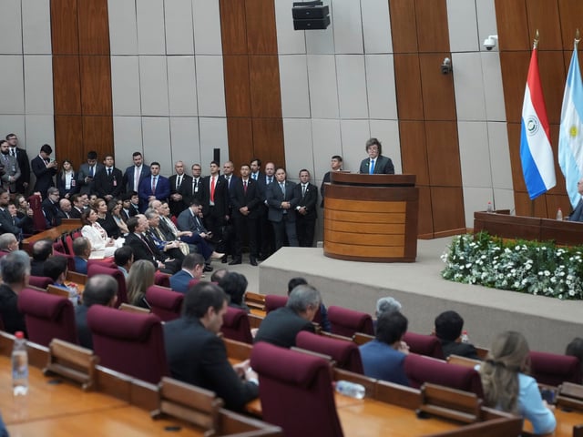 Argentina's President Javier Milei addresses a special session at Congress in Asunción, Paraguay, Wednesday, Sep. 17, 2025. (AP Photo/Jorge Saenz)