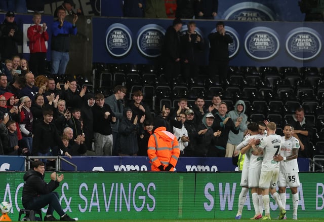 Soccer Football - Carabao Cup - Third Round - Swansea City v Nottingham Forest - Swansea.com Stadium, Swansea, Wales, Britain - September 17, 2025 Swansea City's Zan Vipotnik celebrates scoring their second goal with teammates Action Images via Reuters/Paul Childs