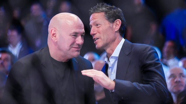 Dana White and TKO President Mark Shapiro speaks cageside at UFC 306. Credit: Jeff Bottari/Zuffa LLC
