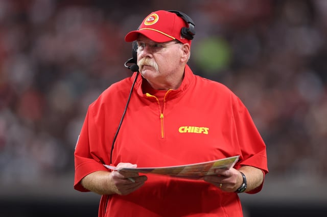 Head coach Andy Reid of the Kansas City Chiefs looks on as they play the Las Vegas Raiders at Allegiant Stadium on October 27, 2024 in Las Vegas, Nevada.