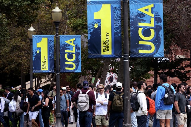 Students gather on the UCLA campus in the Westwood neighborhood of Los Angeles on Sept. 10, 2025.