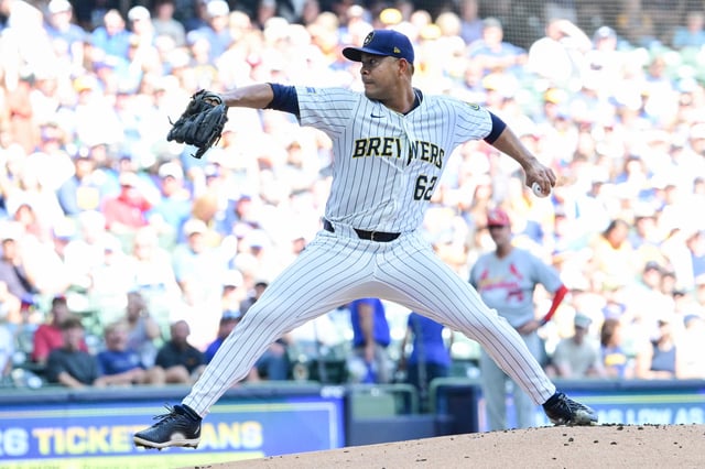 Sep 14, 2025; Milwaukee, Wisconsin, USA; Milwaukee Brewers starting pitcher Jose Quintana (62) throws against the St. Louis Cardinals in the first inning at American Family Field. Mandatory Credit: Benny Sieu-Imagn Images/File Photo
