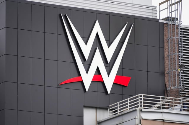 2PKKF87 Stamford, CT - April 7, 2023 : World Wrestling Entertainment, Inc. also known as WWE logo on corporate headquarters building in Connecticut