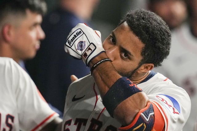 Houston Astros Jeremy Peña celebrates celebrates in the dugout after hitting a solo home run off Texas Rangers pitcher Jacob deGrom during the fifth inning of a MLB baseball game in Houston, Wednesday, Sept. 17, 2025.