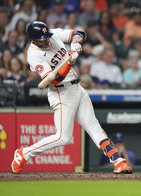 Houston Astros Jeremy Peña (3) hits a solo home run off Texas Rangers pitcher Jacob deGrom during the fifth inning of a MLB baseball game in Houston, Wednesday, Sept. 17, 2025.