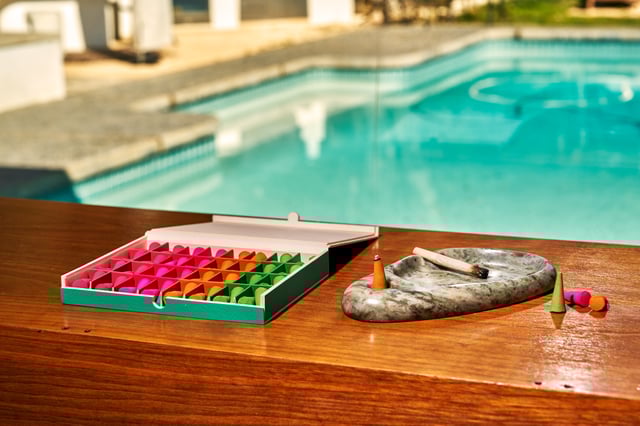 New incense by Seth Rogen's Houseplant collaboration with ripple plus, featuring colourful cones in pink, orange and green