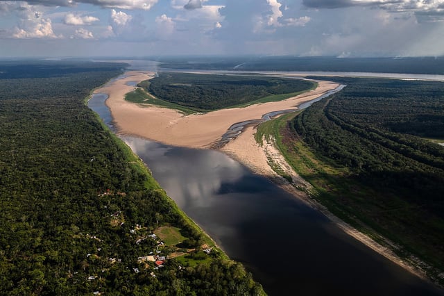 Low water levels in the Amazon River in the Macedonia community, Amazonas department, Colombia, on October 2, 2024.