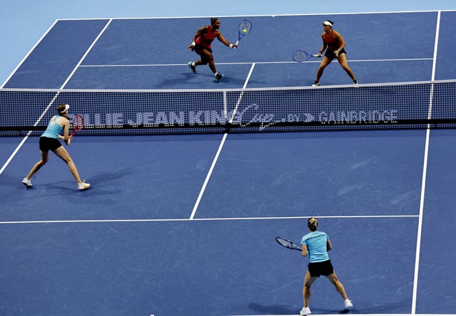 Tennis - Billie Jean King Cup Finals - Quarter Finals - Kazakhstan v United States - Shenzhen Bay Sports Centre Arena, Shenzhen, China - September 18, 2025 Jessica Pegula and Taylor Townsend of the U.S. in action during their doubles match against Kazakhstan's Elena Rybakina and Yulia Putintseva REUTERS/Tingshu Wang