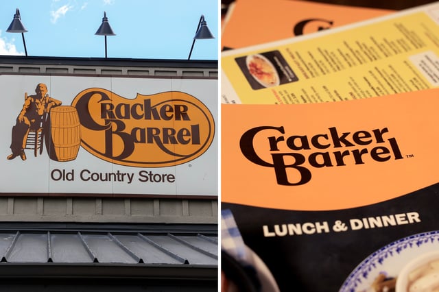 L: A Cracker Barrel sign featuring the original logo hangs on the outside of a restaurant on August 21, 2025 in Homestead, Florida. R: The rebranded Cracker Barrel logo is seen on a menu inside the restaurant on August 21, 2025 in Pembroke Pines, Florida, prior to it being pulled.