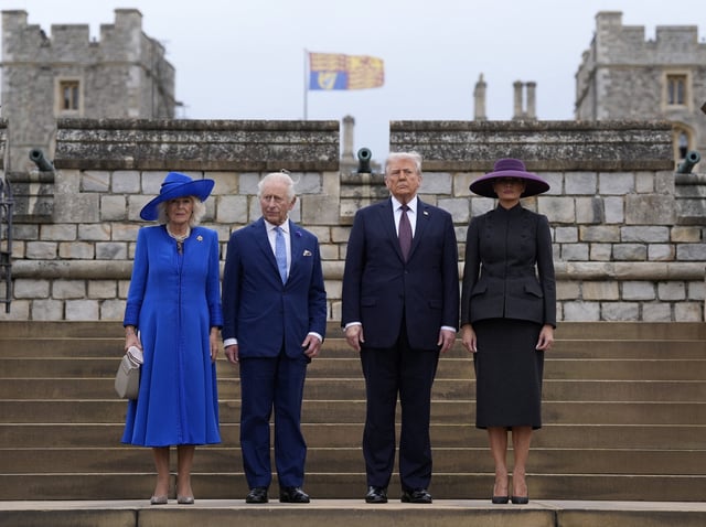 Queen Camilla, King Charles III, US President Donald Trump and First Lady Melania Trump arrive for the Beating Retreat military ceremony at Windsor Castle, Berkshire, on day one of the president's second state visit to the UK on Sept. 17, 2025.