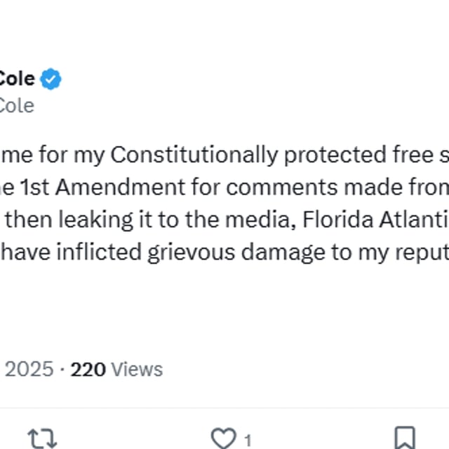 Cole announced his suspension Tuesday night on his personal X account, writing that FAU had “violated [his] First Amendment rights” and left his reputation “grievously damaged.” He said he was suspended and banned from campus for responding to an anonymous post celebrating Kirk’s death. (Credit X)