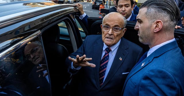 Former New York mayor Rudy Giuliani leaves the New York Federal Courthouse on November 7, 2024 in New York City. Giuliani appeared in a New York City courtroom after missing the deadline to turn over assets as part of $148m defamation judgement. | (Photo by Alex Kent/Getty Images)